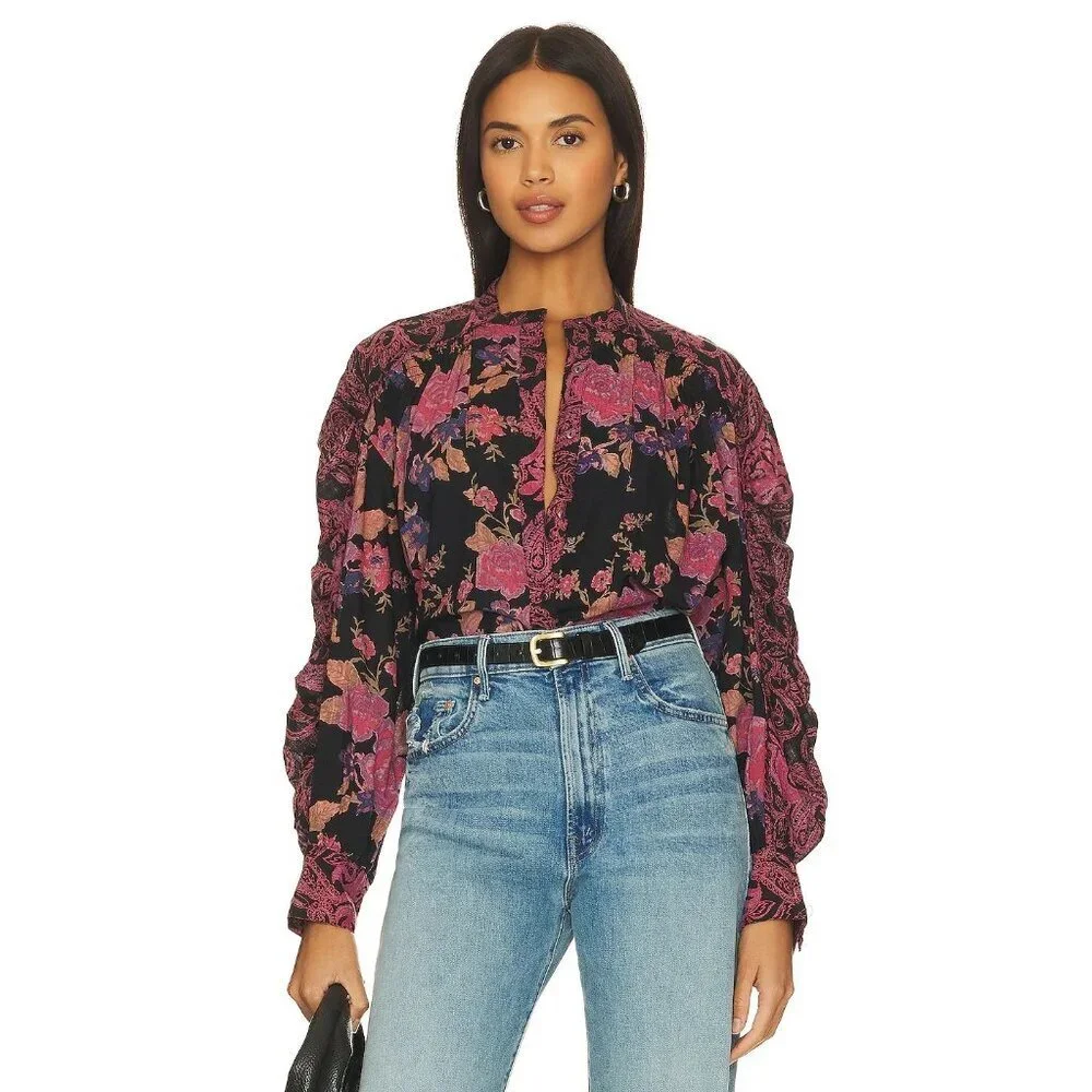 Free People Maraya Button Top in Black Combo XSmall New Womens Blouse